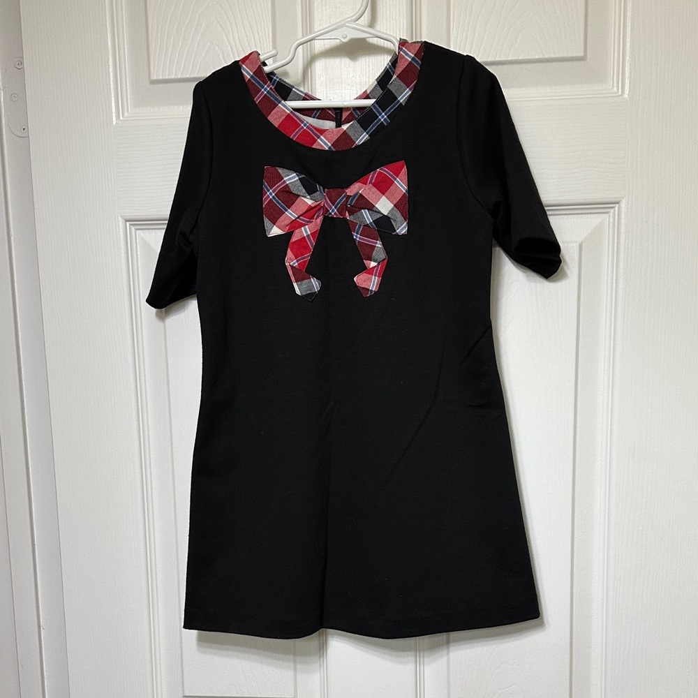 Luli & Me Black Dress with Plaid Bow Accent